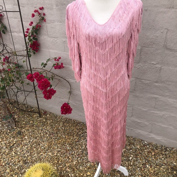 Vintage disco cowgirl Taylor swift like pink midi maxi fringe western dress - Picture 7 of 14